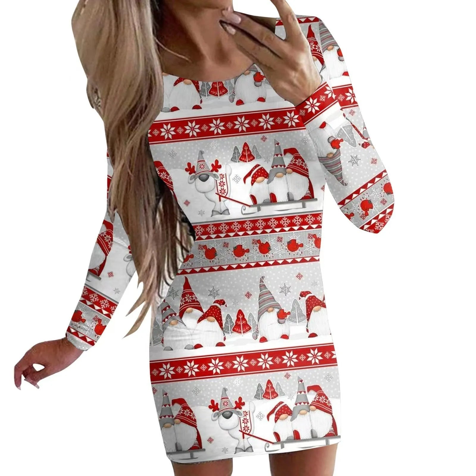 Women's Christmas dress with animal pattern print and floral colours in mid-waist hip skirt silhouette