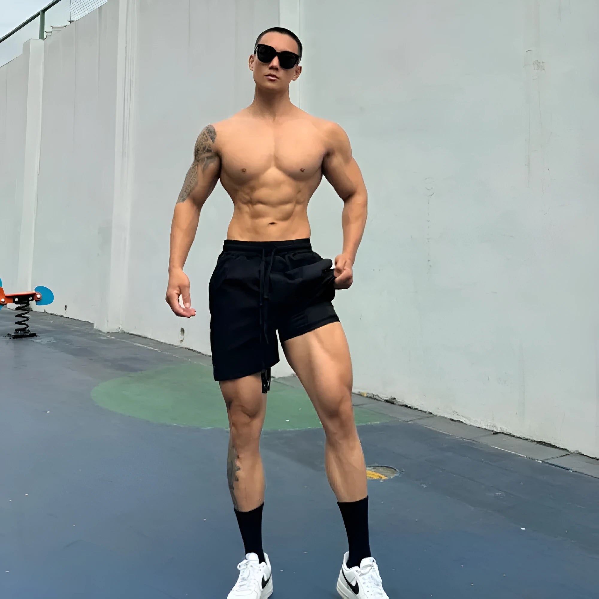 Man wearing ice silk quick-dry double-layer casual shorts in light grey.
