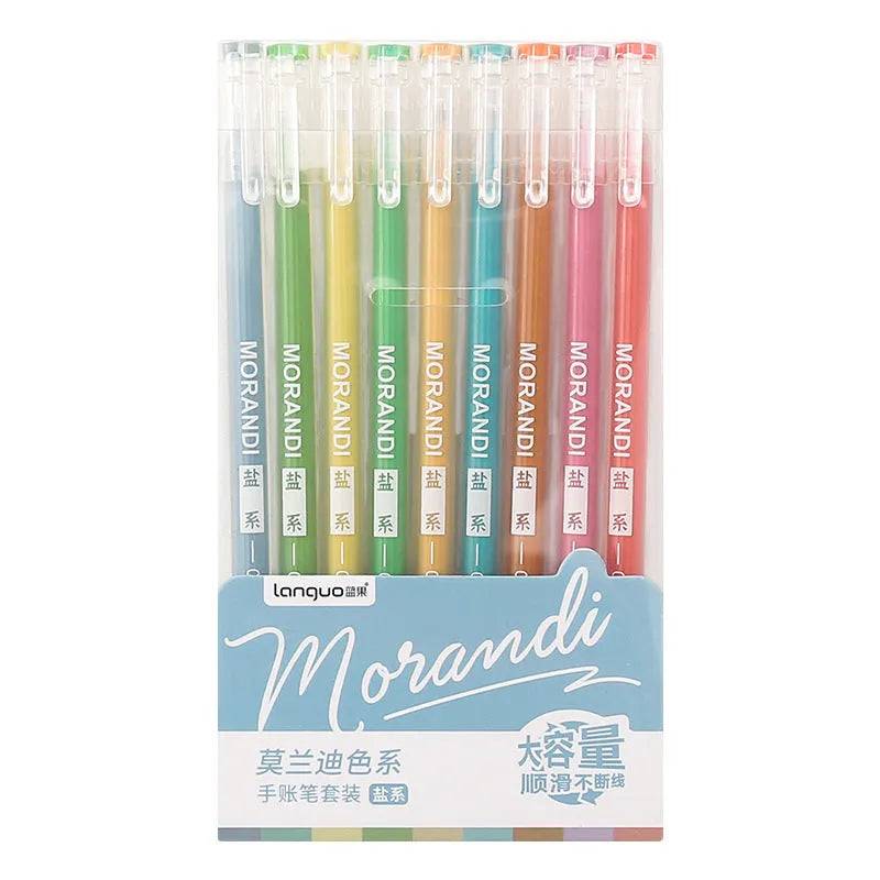 Set of nine retro-style gel pens with 0.5mm needle tips in assorted colours on a 15.2cm by 8.5cm card.