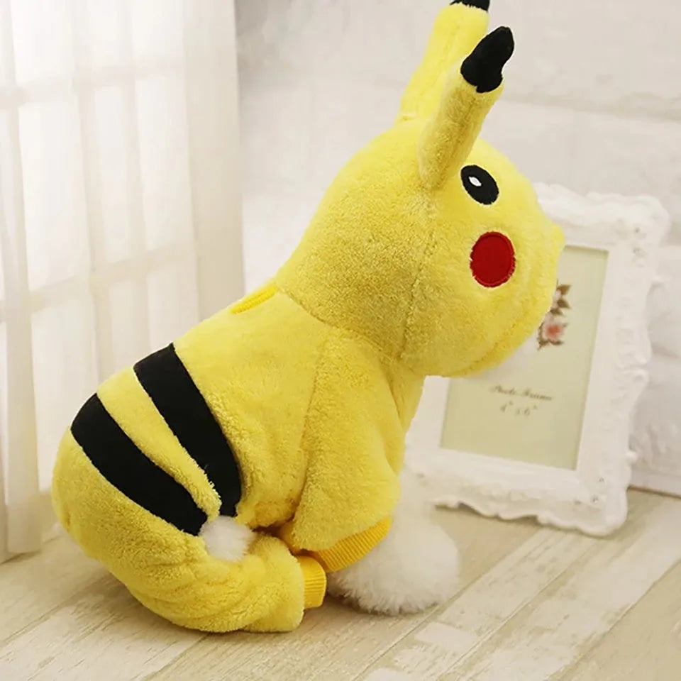 Dog or cat wearing a cartoon-style fleece hooded coat in a cosplay design.
