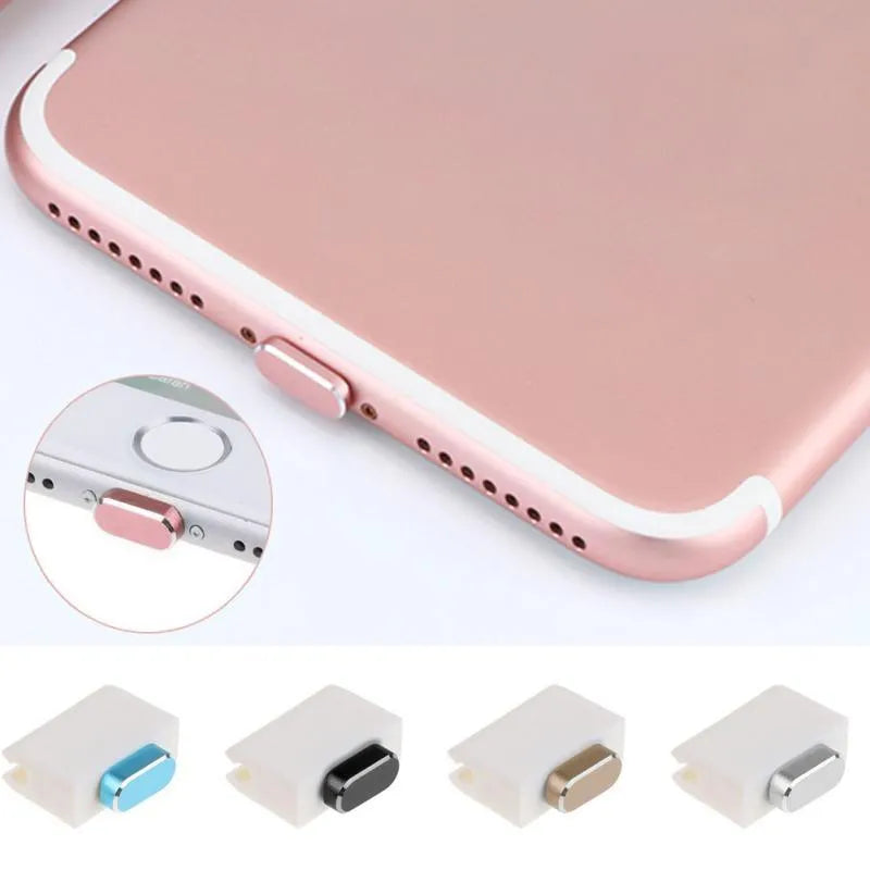 Aluminium alloy dust plug for iPhone charging port in various colours including gold and black.