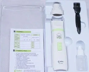 White pet grooming kit with electric hair trimmer, nail polisher, replacement head, lubricant, and small brush