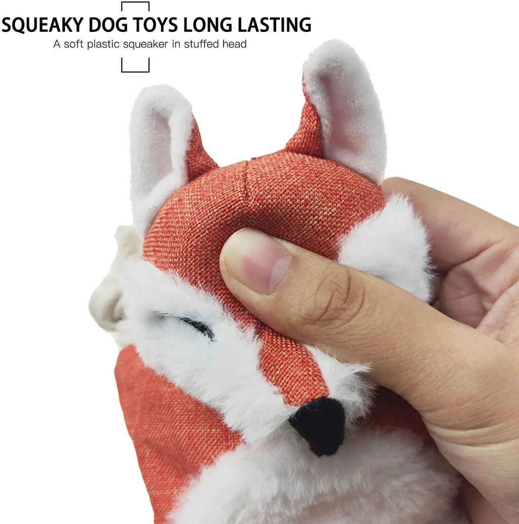 Brown fox-shaped dog toy with rope arms and legs, embroidery eyes, squeaker and crinkle sounds