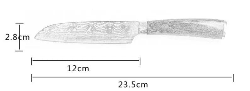 Kitchen knife set with Damascus pattern blades and coloured wood handles on display