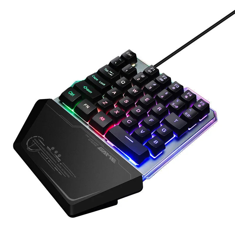 Black G40 Flow one-handed mechanical gaming keyboard with RGB backlighting on keys.