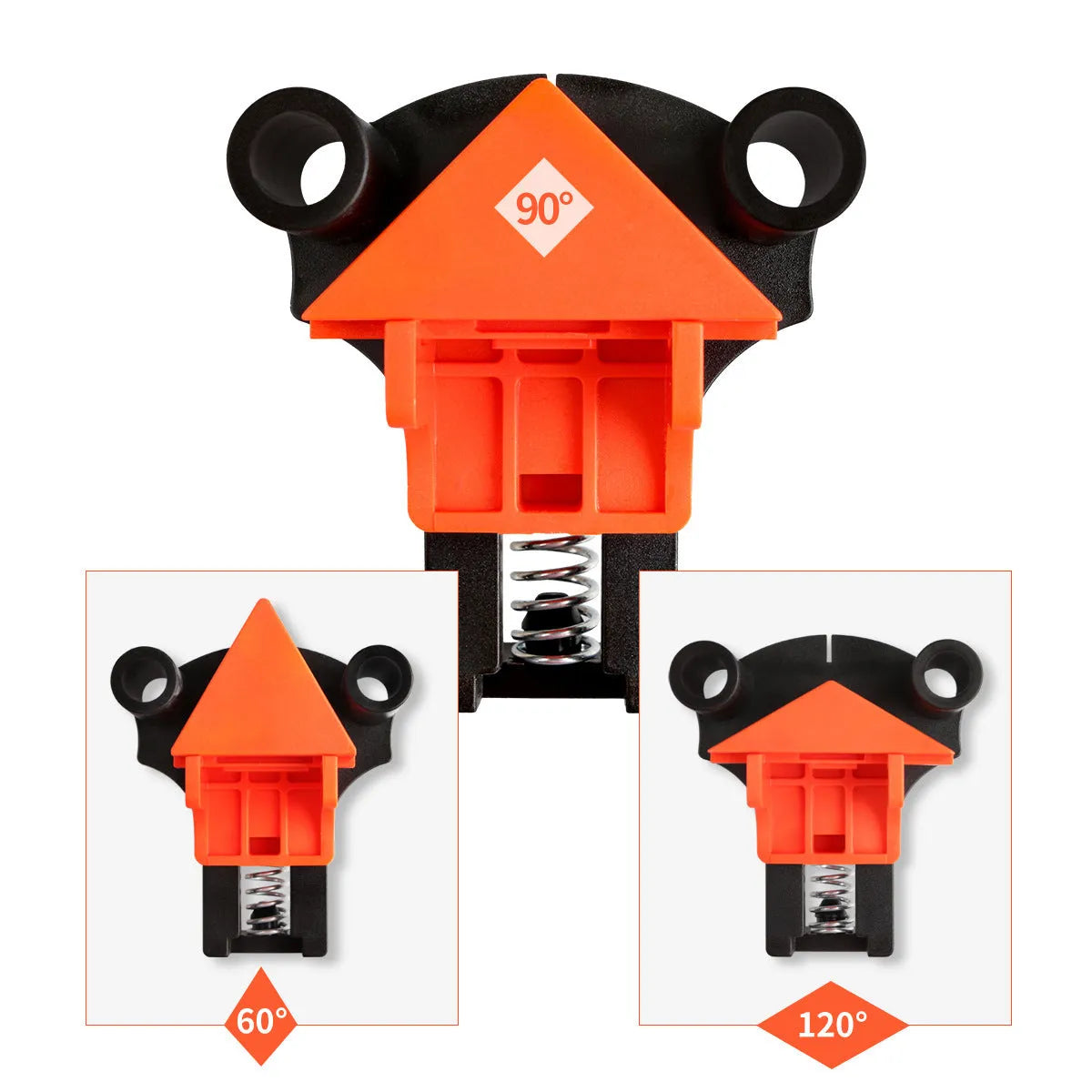 Set of four plastic right-angle clamps for woodworking and picture frame assembly.