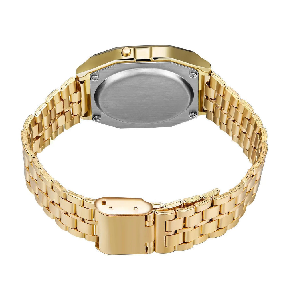 WR F91W electronic watch with stainless steel band and square plastic dial
