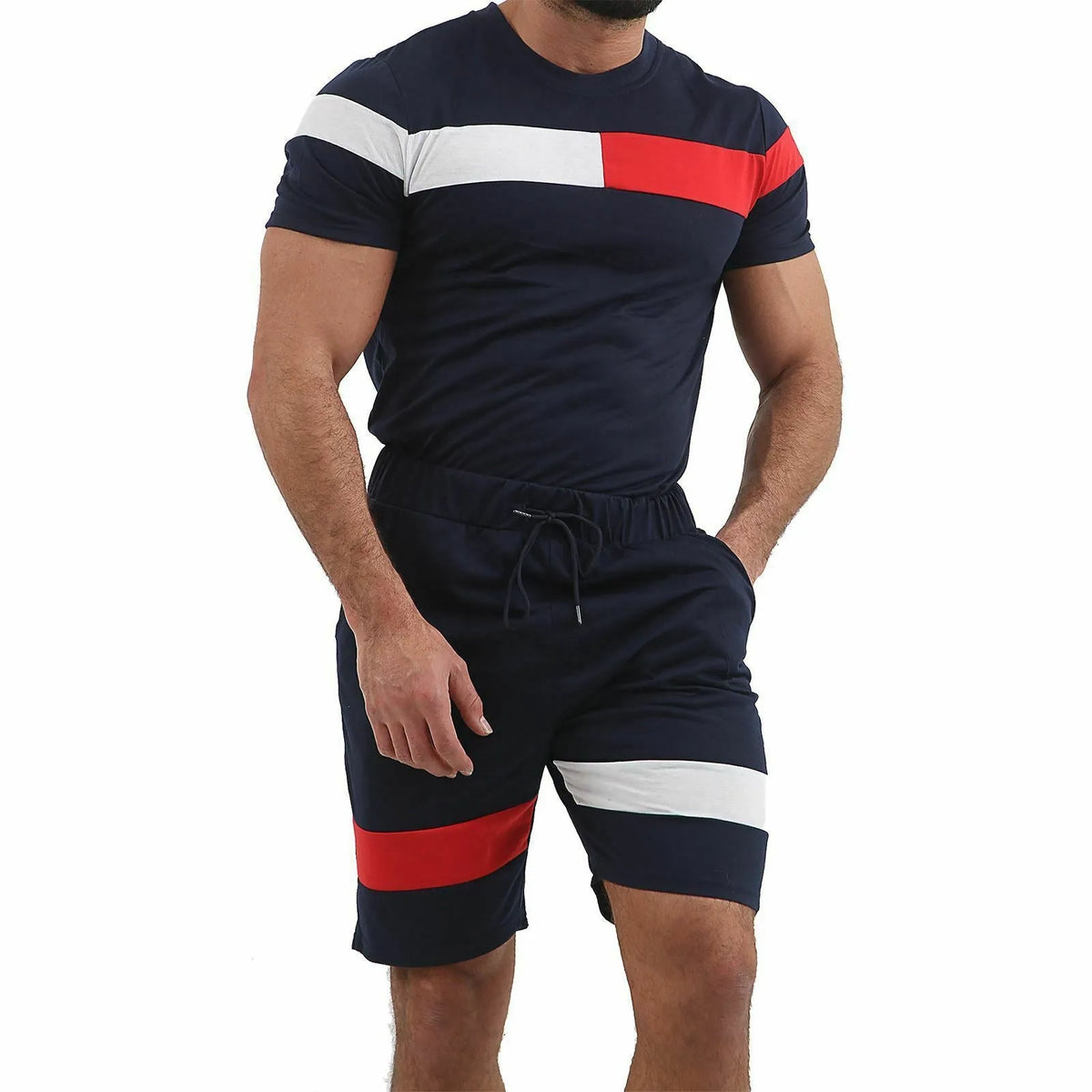 Short-sleeved cotton fitness suit with T-shirt and shorts in beige, dark blue, grey or sky blue, sizes M to 3XL