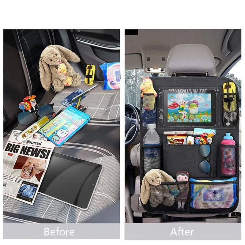 Car storage bag sewn from black Oxford fabric, 61 by 41 cm, fitted behind a car seat backrest