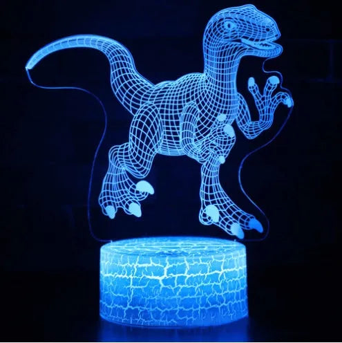 Colourful 3D dinosaur night light with LED glow on a square black plastic base.