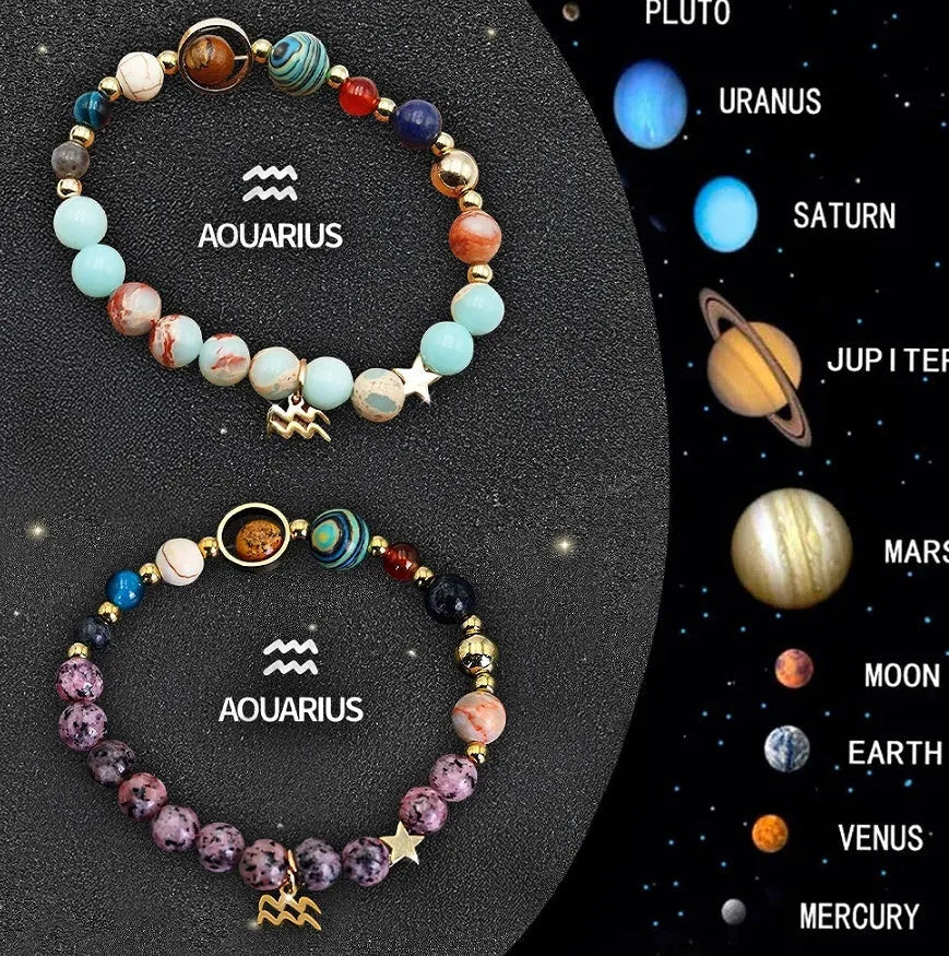 Set of twelve natural stone beaded bracelets, each showing a different zodiac sign design on an elastic cord.