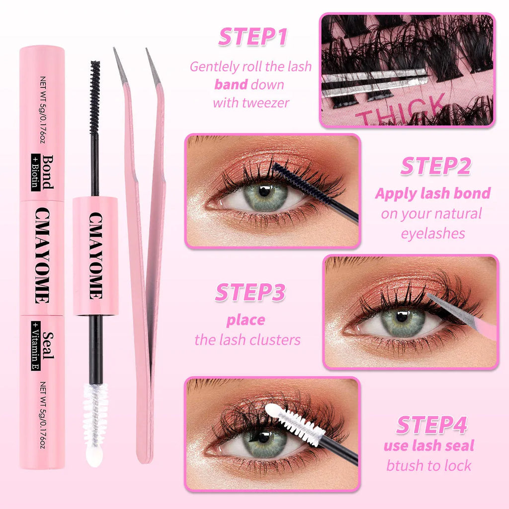 DIY false eyelashes extension suit showing individual cluster segments and eyelash tweezers