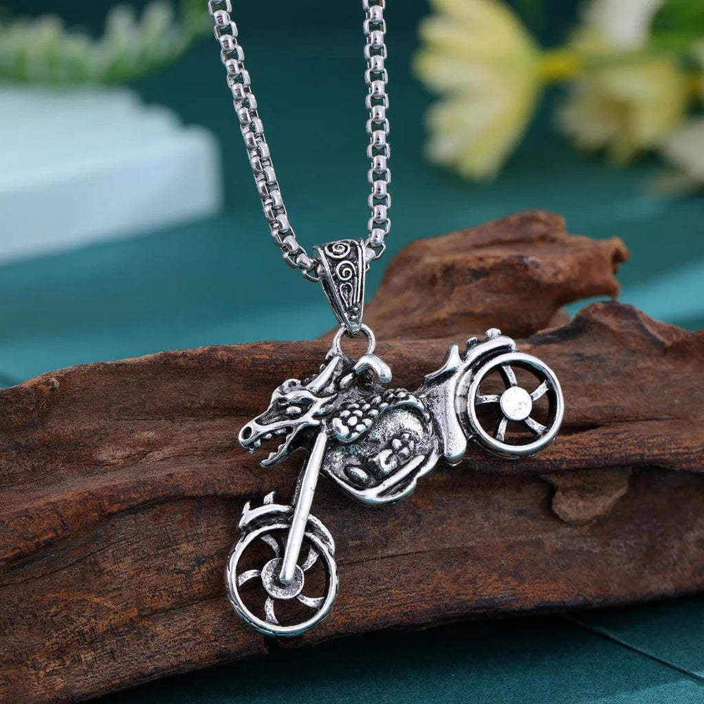 Men's punk necklace with silver alloy motorcycle pendant, biker style jewellery.