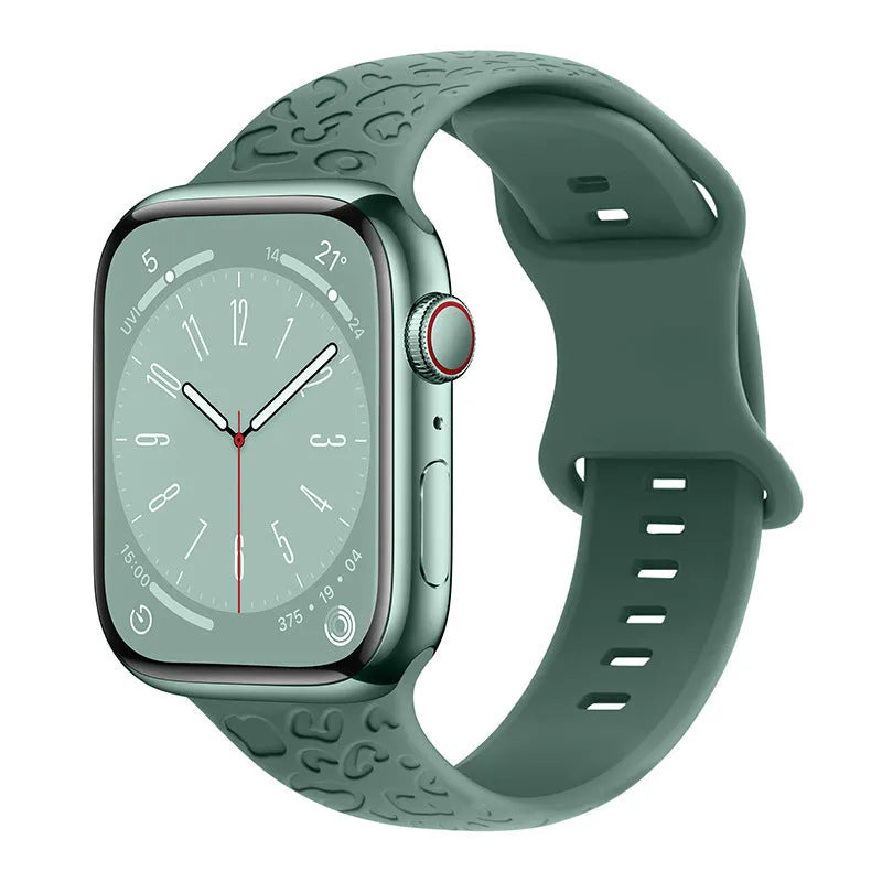 Leopard print silicone watch strap for iWatch 1-9 generation Ultra 3 with 8-word buckle, shown in black and brown