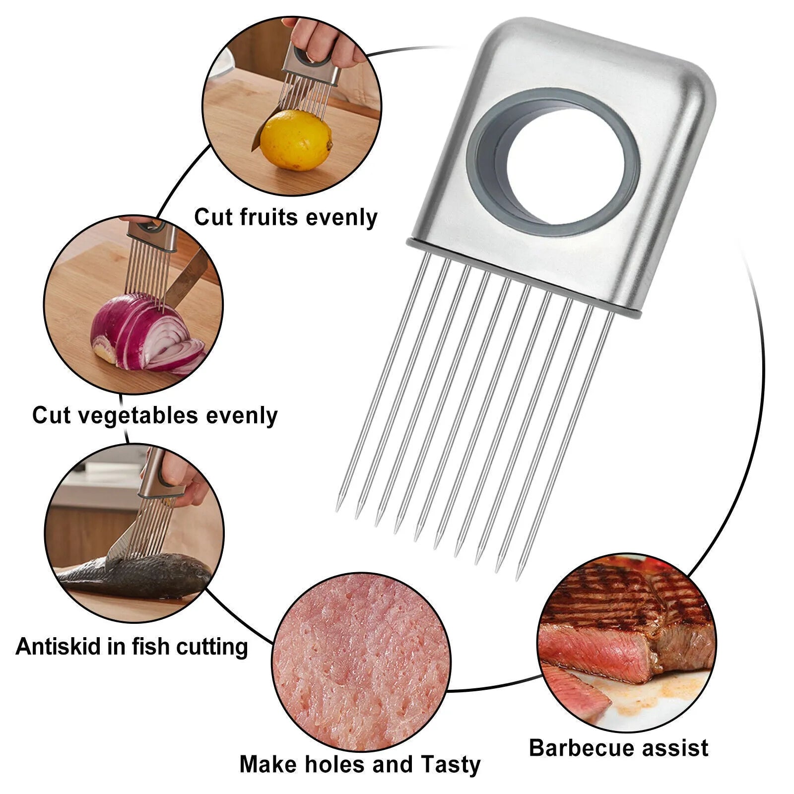 Stainless steel onion holder with sharp prongs and a red finger guard on a kitchen counter.