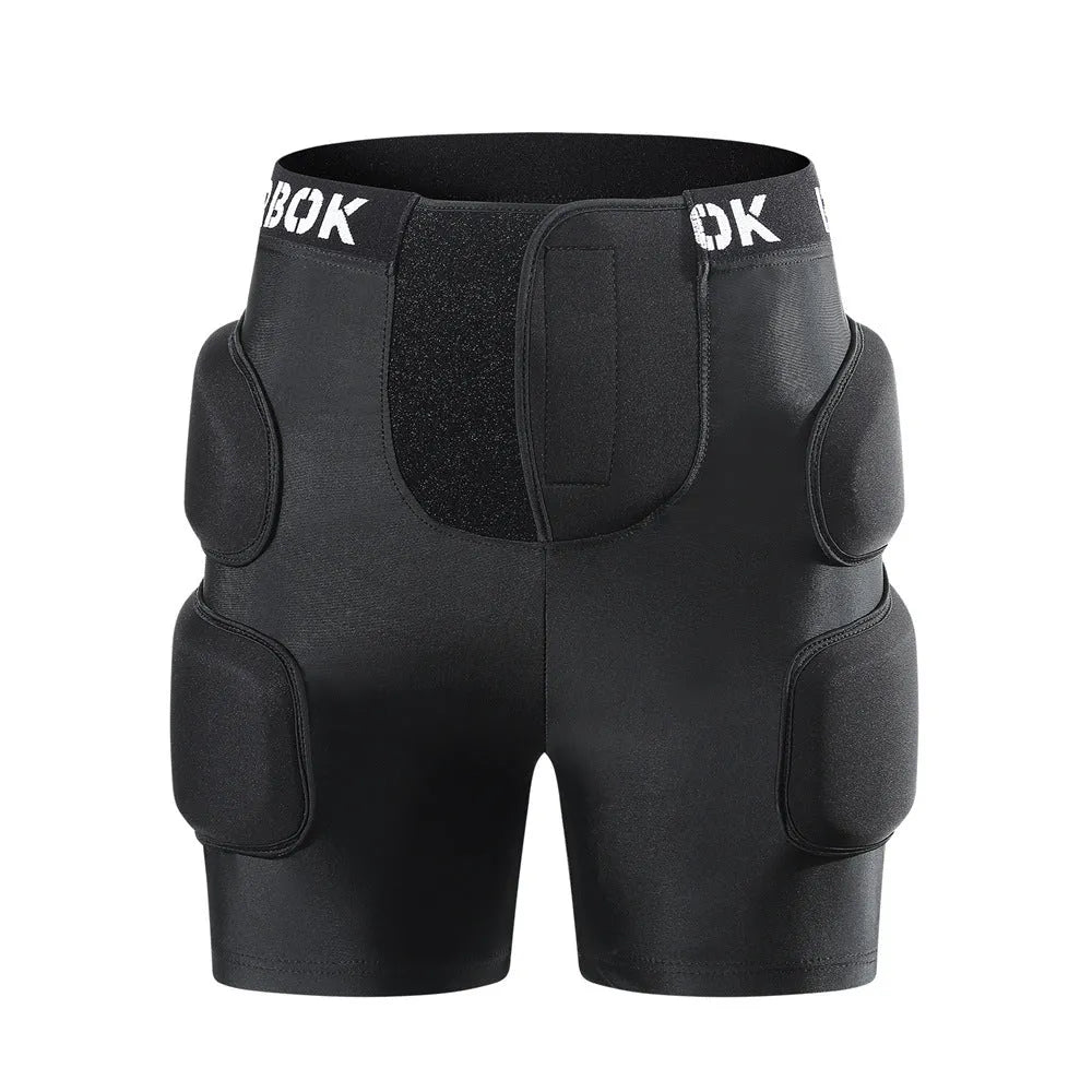Black adult hip pad for sports protection, showing adjustable waistband and NBR padding on Spandex material.