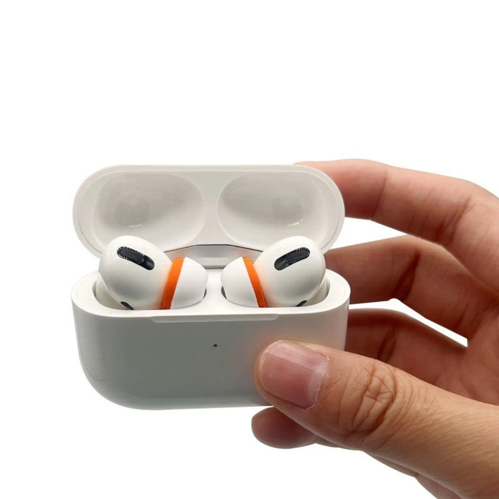Pair of double layered noise reducing earplug sleeves in orange white for headphones, available in sizes L/M/S/XS