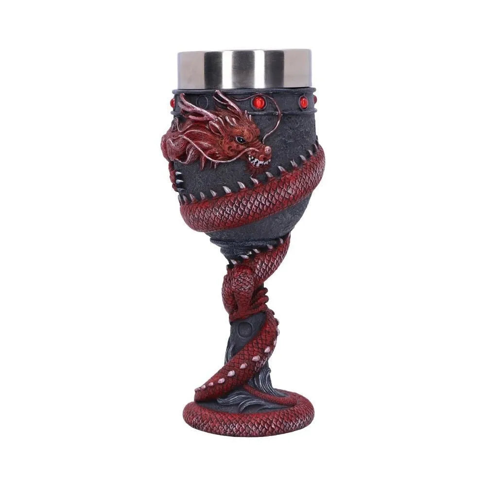 Personalised red wine glass with 3D Chinese dragon design in gold and red colours.