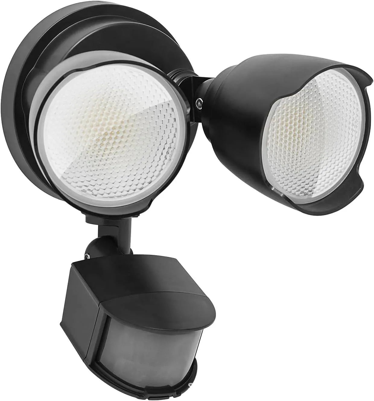 White outdoor LED security flood light with motion sensor mounted on a wall.