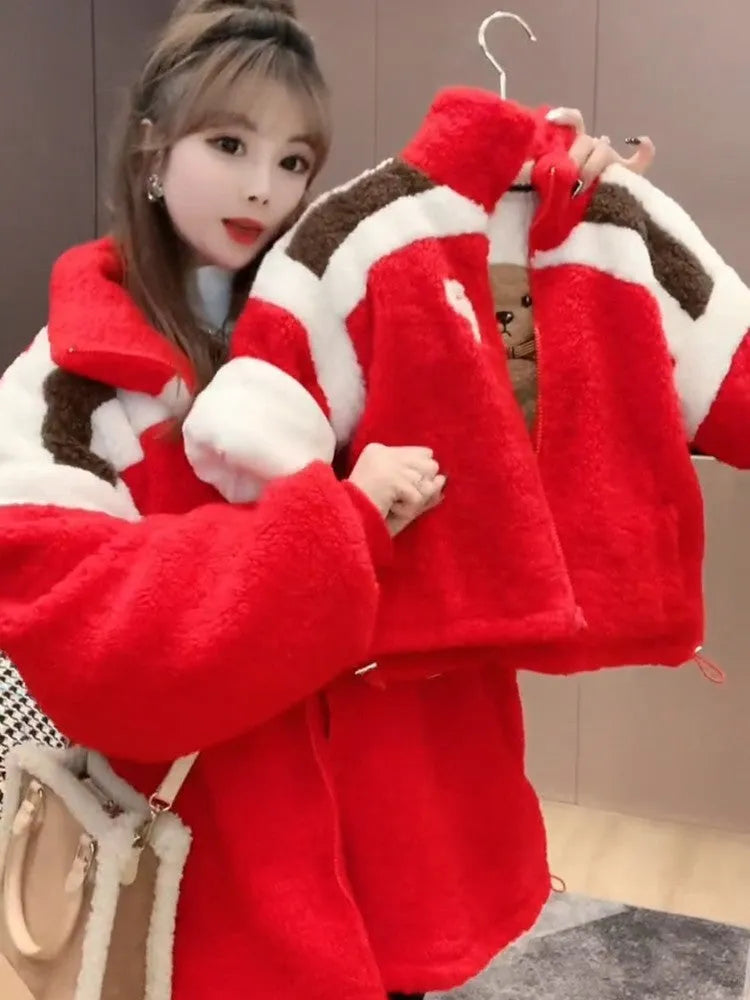 Parent-child matching wool thickened lamb coat in three winter colours for family of three