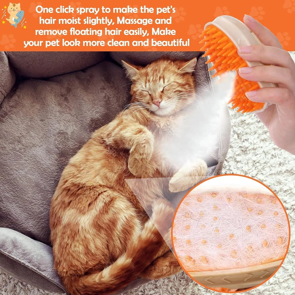 Yellow 4-in-1 cat steam brush with silicone teeth, steam spray function, and UV ringworm detector lamp