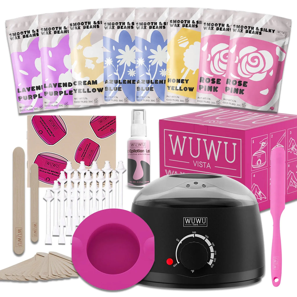 Waxing kit with black wax warmer, wax beads, applicator sticks and silicone tools for hair removal
