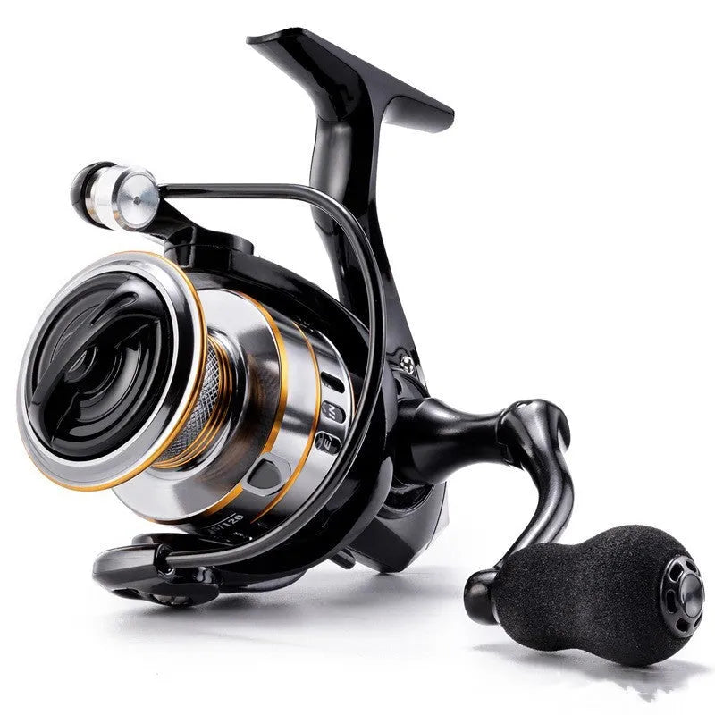 All-metal spinning fishing reel with EVA grip handle on a grey background