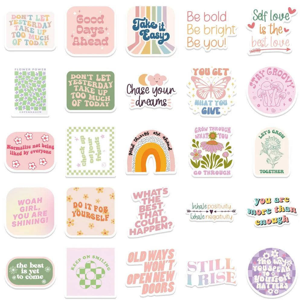 Danish pink motivational statement stickers with graffiti colour and cartoon patterns for laptop decoration