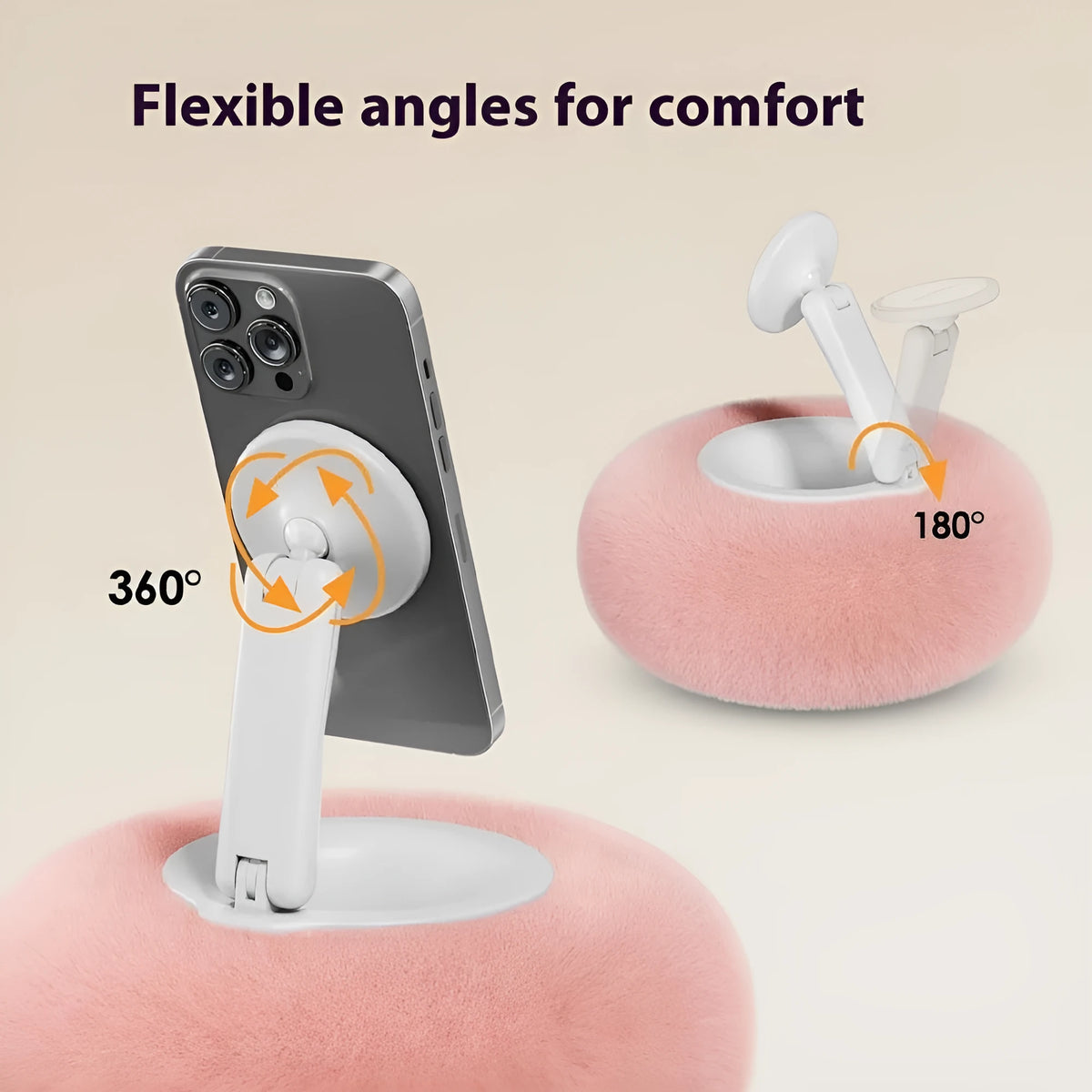 Magnetic mobile phone pillow bracket stand in pink, creamy-white, and khaki green on a bedside table