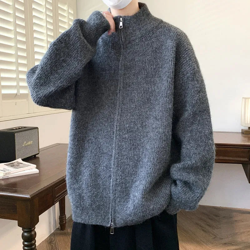 Men's casual stand collar cardigan sweater in Vinylon, beige colour, front view on hanger