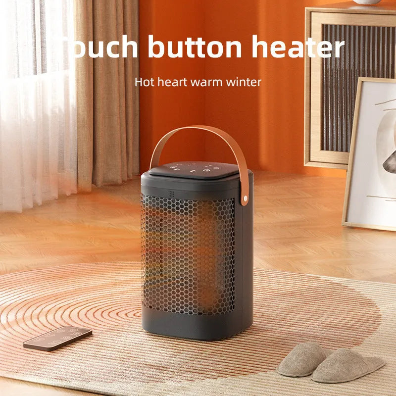 Silver electric heating radiator with digital touch screen display and remote control for hot and cold air.