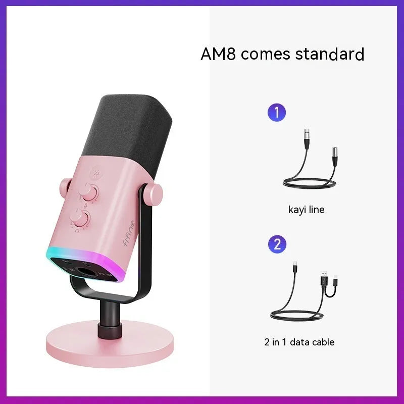 Black USB XLR microphone with noise reduction for streaming and recording, includes cables and base