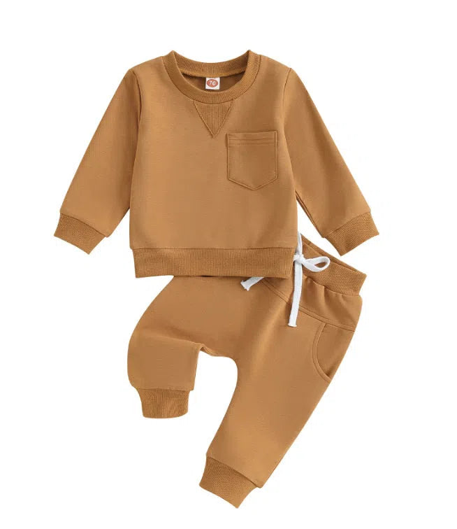 Baby boy wearing dark brown letter print cotton top and trousers suit