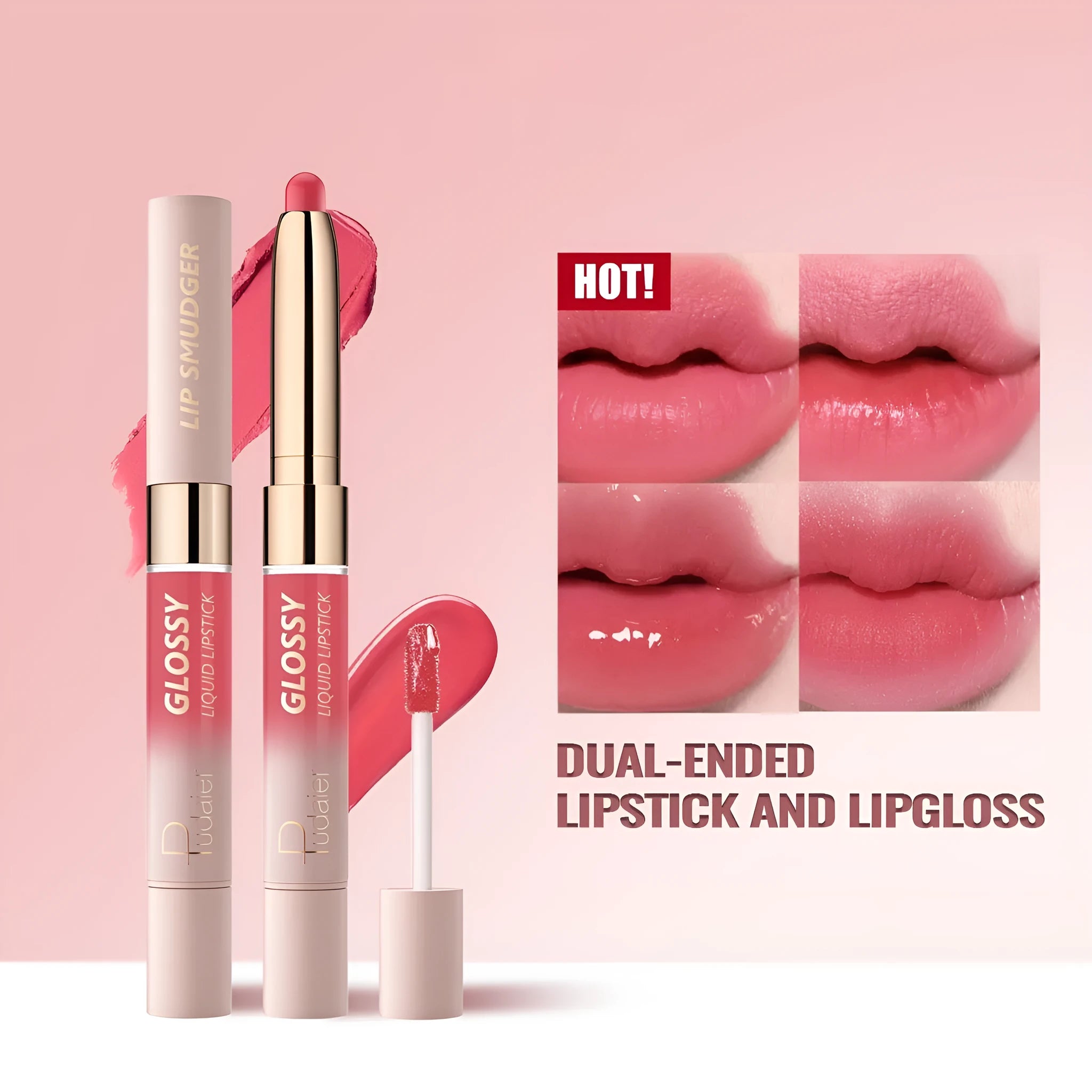 Double-headed lipstick and lip gloss set showing ten matte finish colour options.