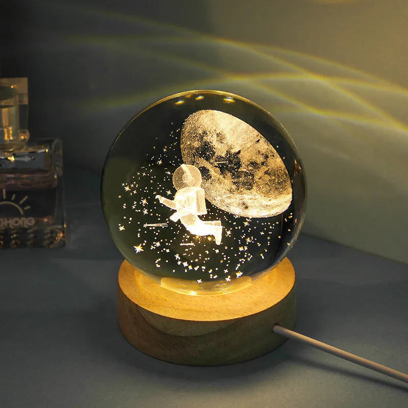 Transparent crystal ball night lamp with 3D carved jellyfish design, showing 6cm size on round base.