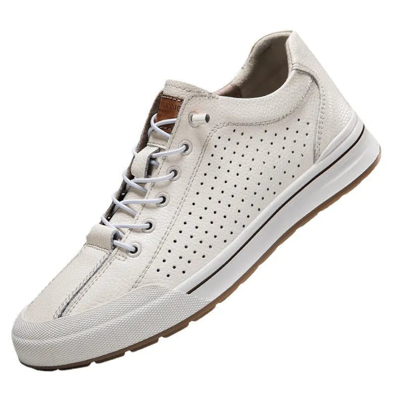 Men's white matte leather casual shoes with round toe and flat heel.