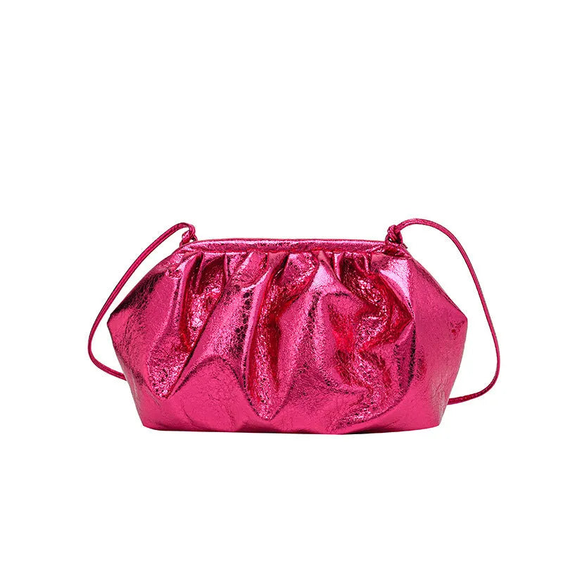 Rose red shell-shaped PU crossbody bag with internal mobile phone and document compartments.
