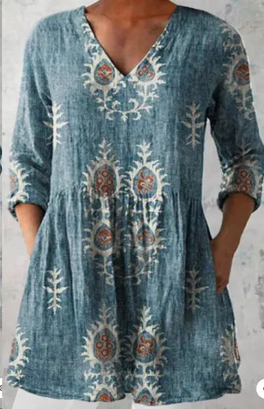 Women's loose-fitting dress with a blue wave print pattern, wide waist, and three-quarter length sleeves.