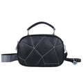 Gray three-layer patchwork small round bag with visible stitching, shown with beige, black, white, and blue colour options.