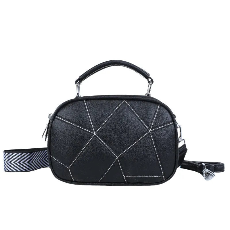 Gray three-layer patchwork small round bag with visible stitching, shown with beige, black, white, and blue colour options.