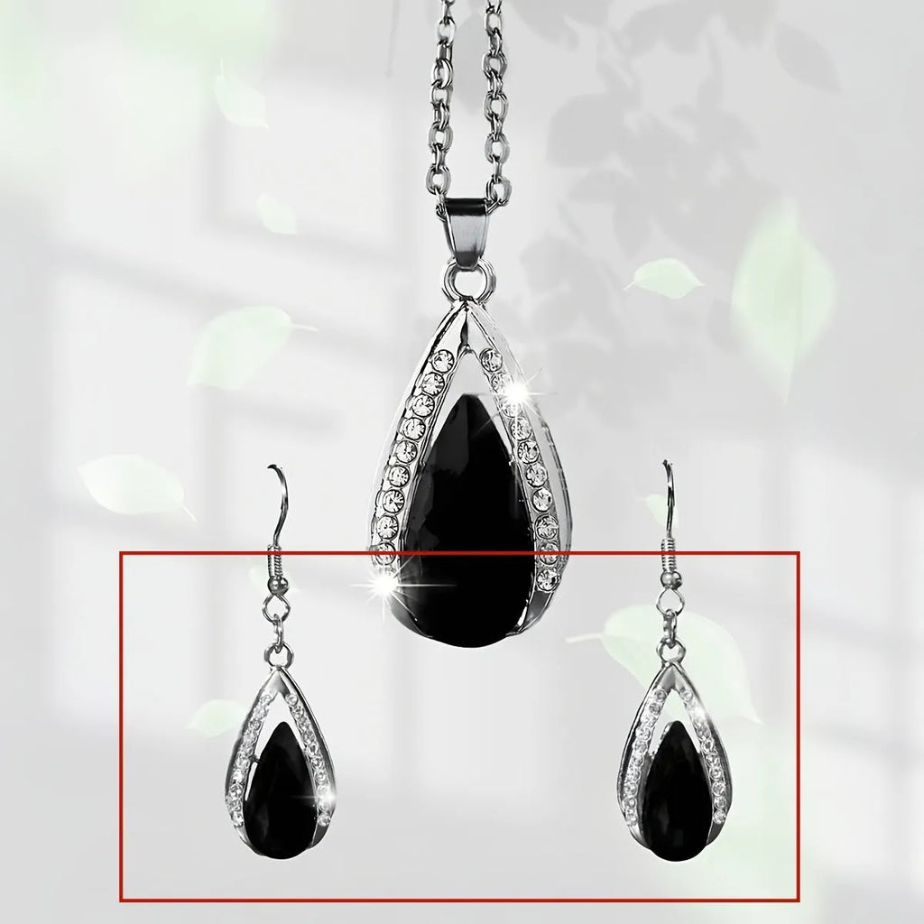 Black and red teardrop glass pendant necklace and matching alloy earrings set.