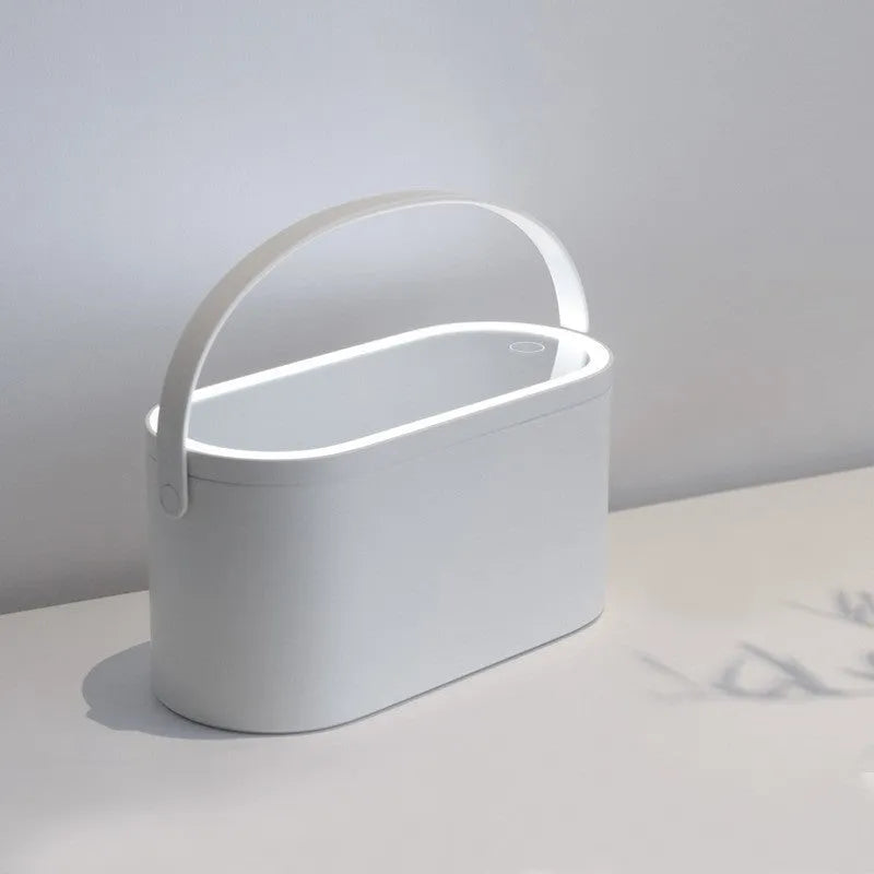 Pink portable plastic storage box with a built-in aluminium makeup mirror