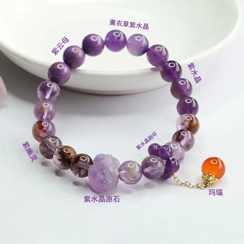 Natural nine purple amethyst and red agate crystal bracelet with 8mm beads
