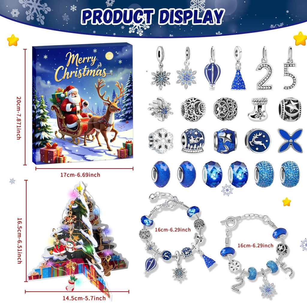 24-grid Christmas advent calendar in flip vertical blue with zinc alloy finish and bracelet blind box