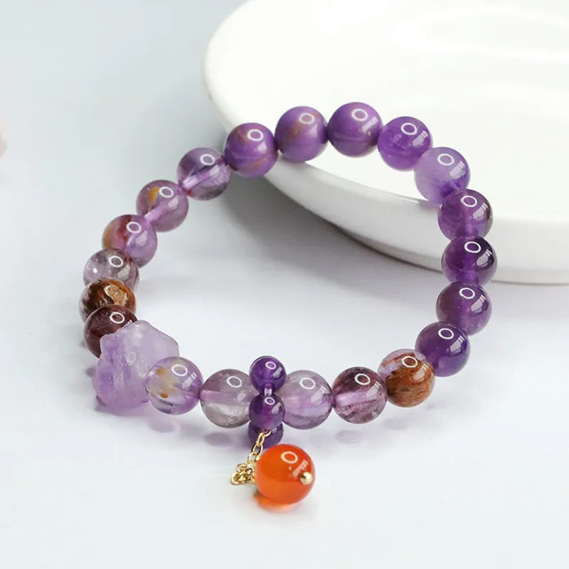 Natural nine purple amethyst and red agate crystal bracelet with 8mm beads