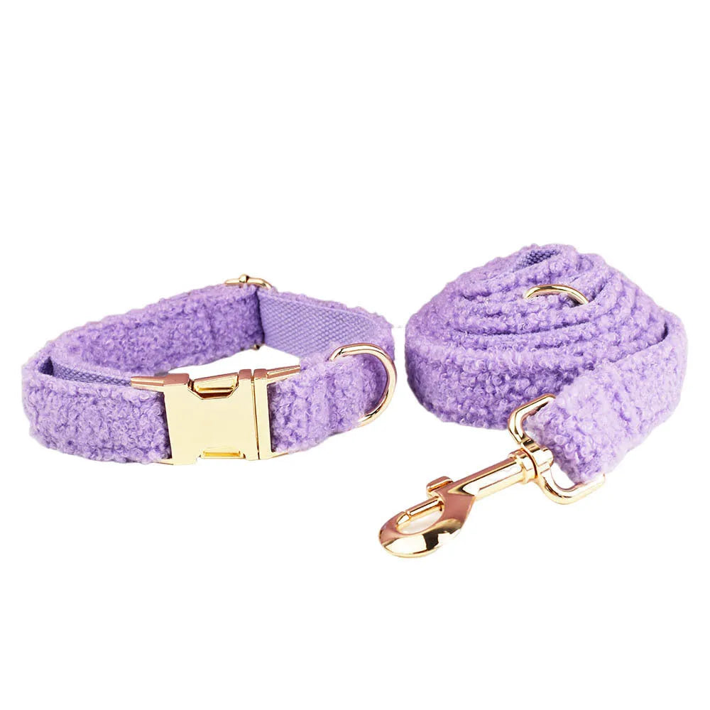 Purple cloth dog collar and leash set with matching vest and bow accessory for small breed dogs