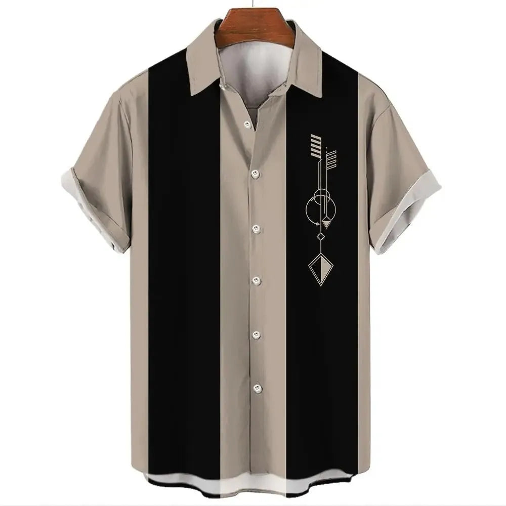 Man wearing a striped casual short-sleeve Hawaiian shirt with button front.