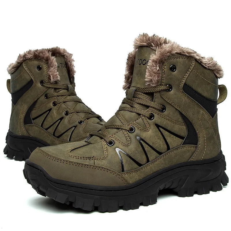 Men's plus size warm high top outdoor cotton shoes in black with rubber sole and wedge heel