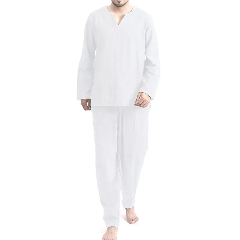 Casual cotton blend pajama set in white, two-piece, loose fit, long sleeves, thin breathable fabric