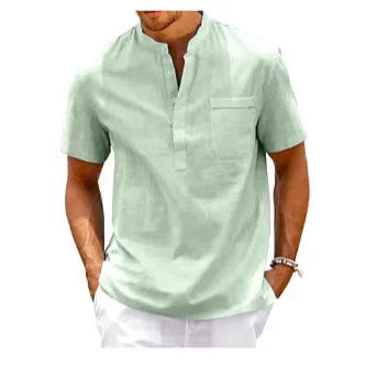 Men's solid colour stand collar short sleeve polo shirt laid flat.